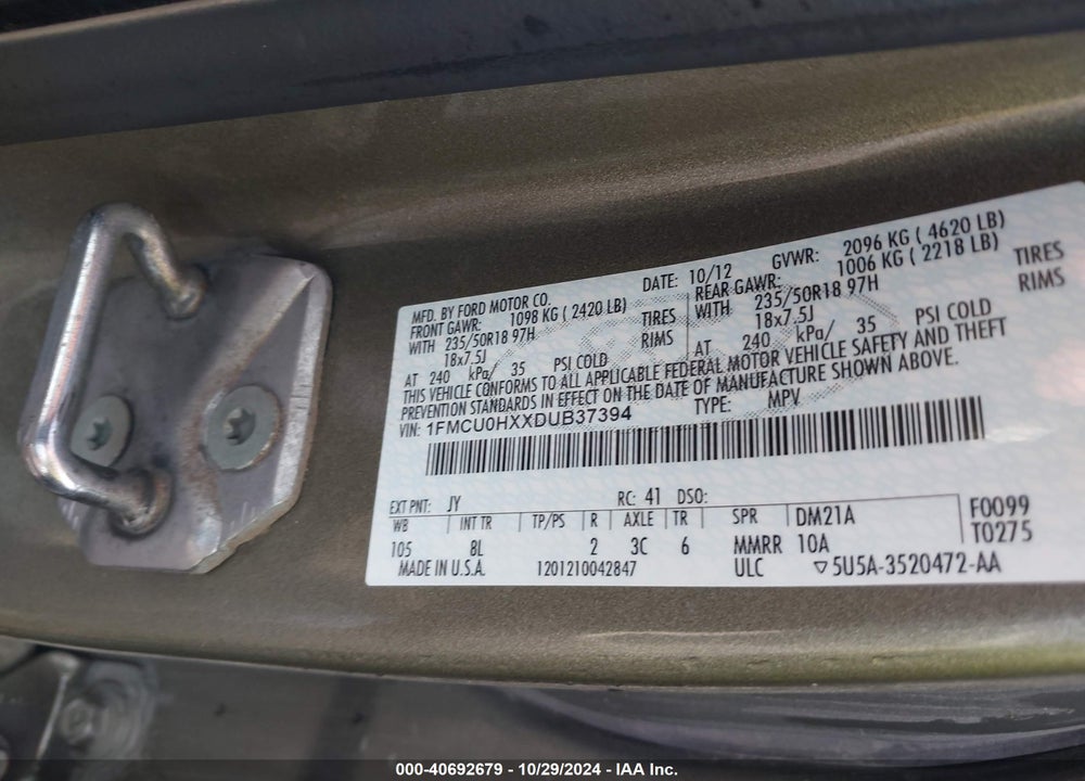 2013 FORD ESCAPE SEL VIN: 1FMCU0HXXDUB37394