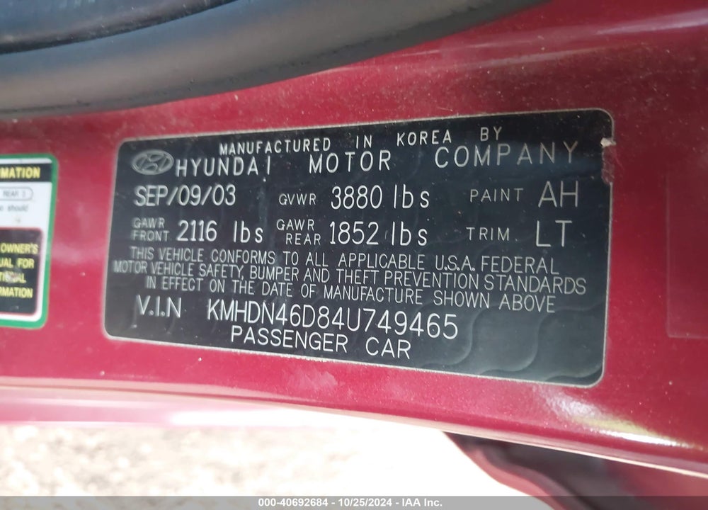 2004 HYUNDAI ELANTRA GLS/GT VIN: KMHDN46D84U749465