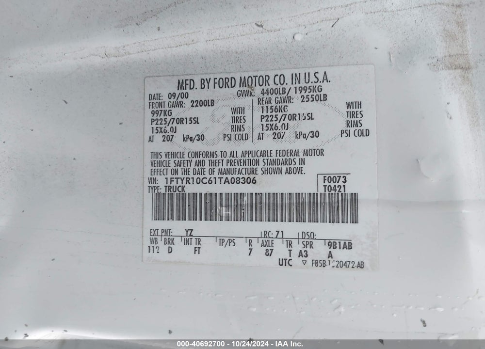 2001 FORD RANGER XL/XLT VIN: 1FTYR10C61TA08306