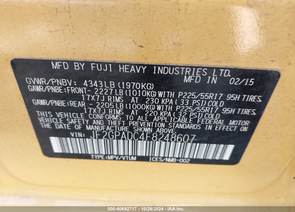 2015 SUBARU XV CROSSTREK 2.0I PREMIUM VIN: JF2GPADC4F8248607