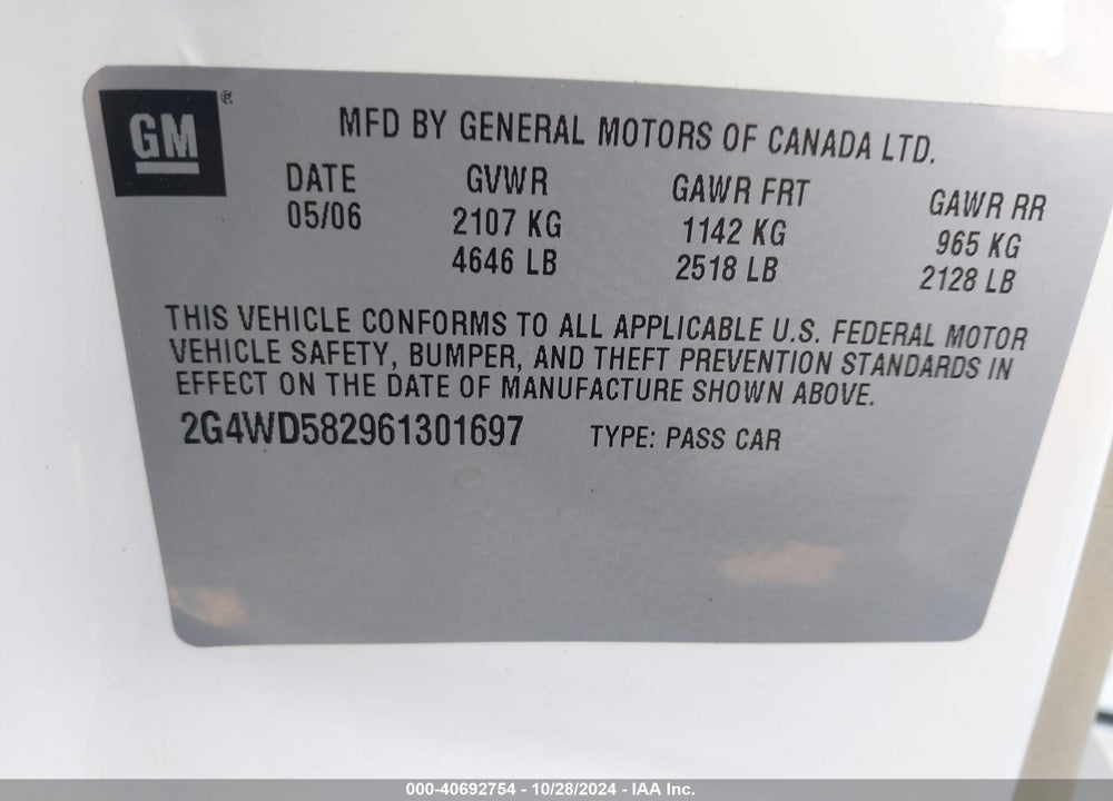2006 BUICK LACROSSE CXL VIN: 2G4WD582961301697