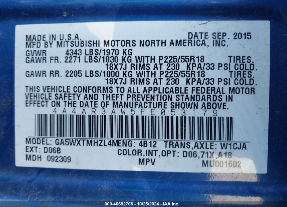 2015 MITSUBISHI OUTLANDER SPORT ES VIN: 4A4AR3AW5FE053179