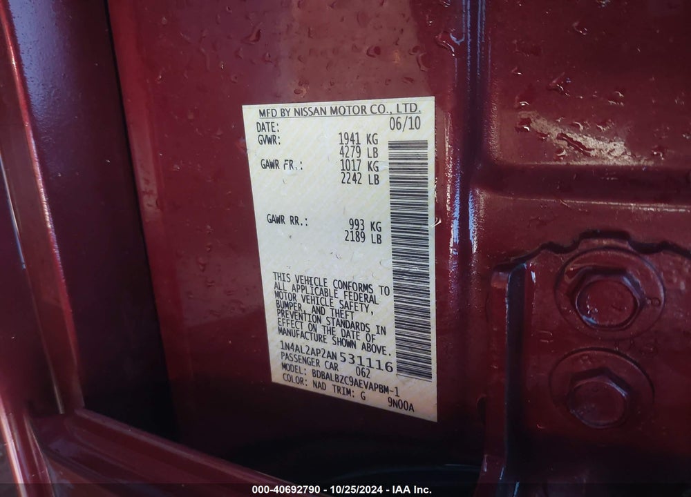 2010 NISSAN ALTIMA 2.5 S VIN: 1N4AL2AP2AN531116