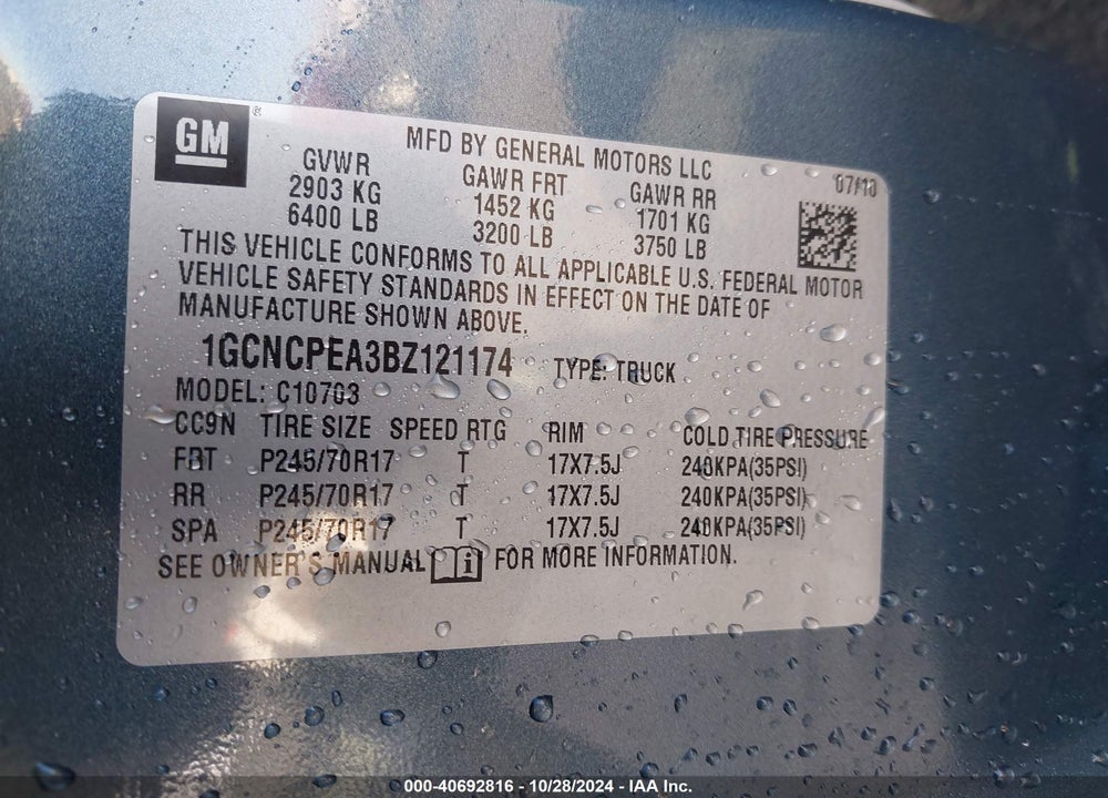 2011 CHEVROLET SILVERADO 1500 WORK TRUCK VIN: 1GCNCPEA3BZ121174