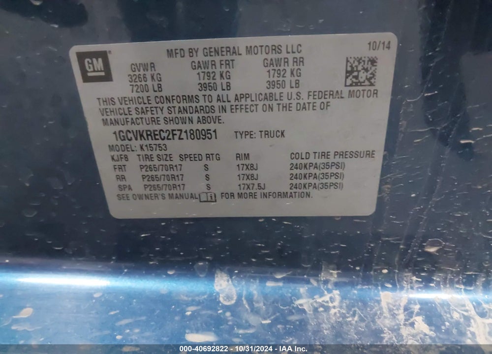 2015 CHEVROLET SILVERADO 1500 1LT VIN: 1GCVKREC2FZ180951