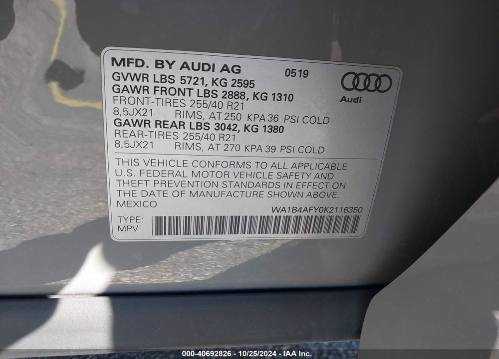 2019 AUDI SQ5 3.0T PREMIUM VIN: WA1B4AFY0K2116350