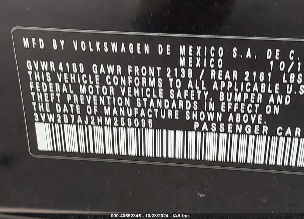 2017 VOLKSWAGEN JETTA 1.4T S VIN: 3VW2B7AJ2HM259095