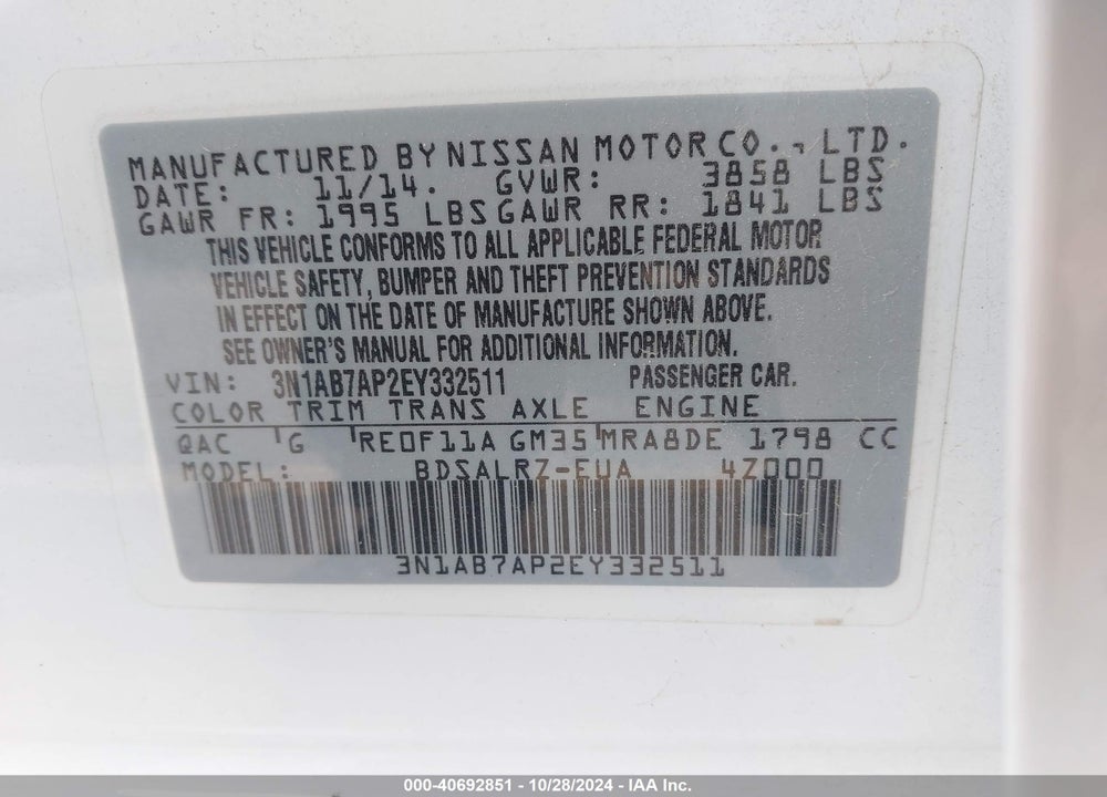 2014 NISSAN SENTRA VIN: 3N1AB7AP2EY332511