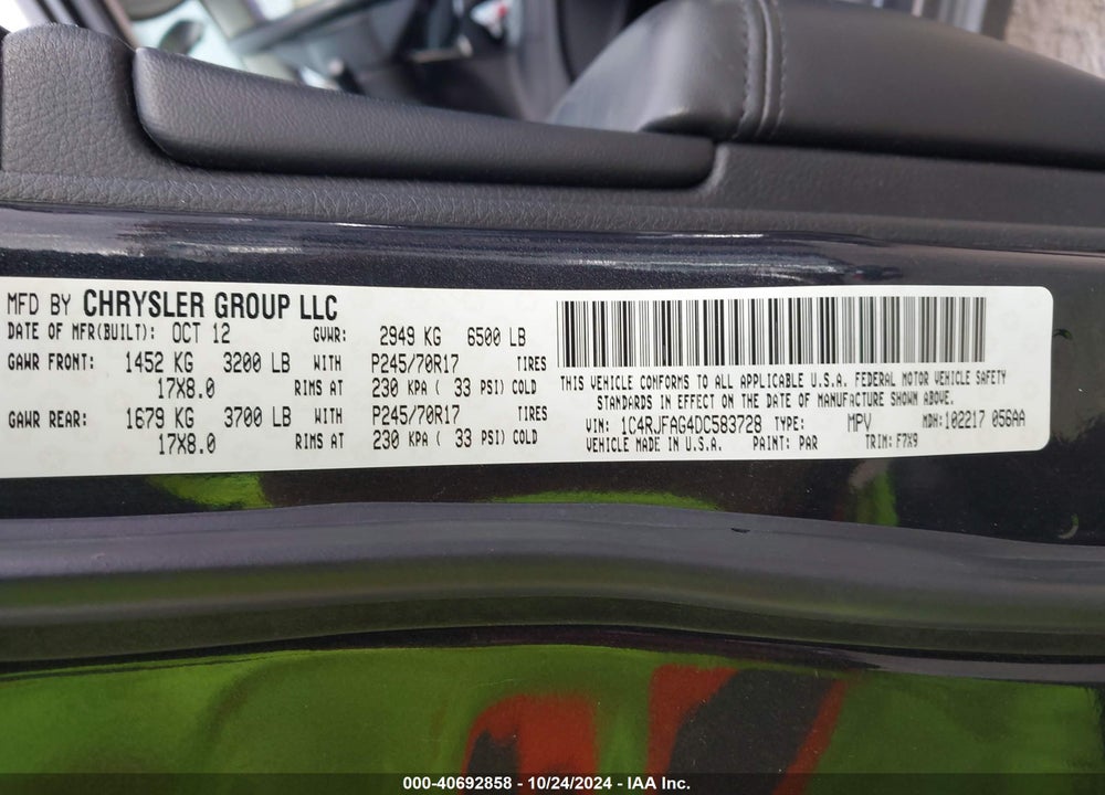 2013 CHEROKEE JEEP GRAND  LAREDO VIN: 1C4RJFAG4DC583728
