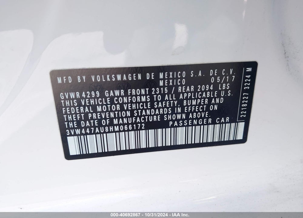 2017 VOLKSWAGEN GOLF GTI AUTOBAHN 4-DOOR/S 4-DOOR/SE 4-DOOR/SPORT 4-DOOR VIN: 3VW447AU8HM066172