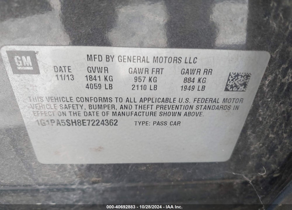 2014 CHEVROLET CRUZE LS AUTO VIN: 1G1PA5SH8E7224362
