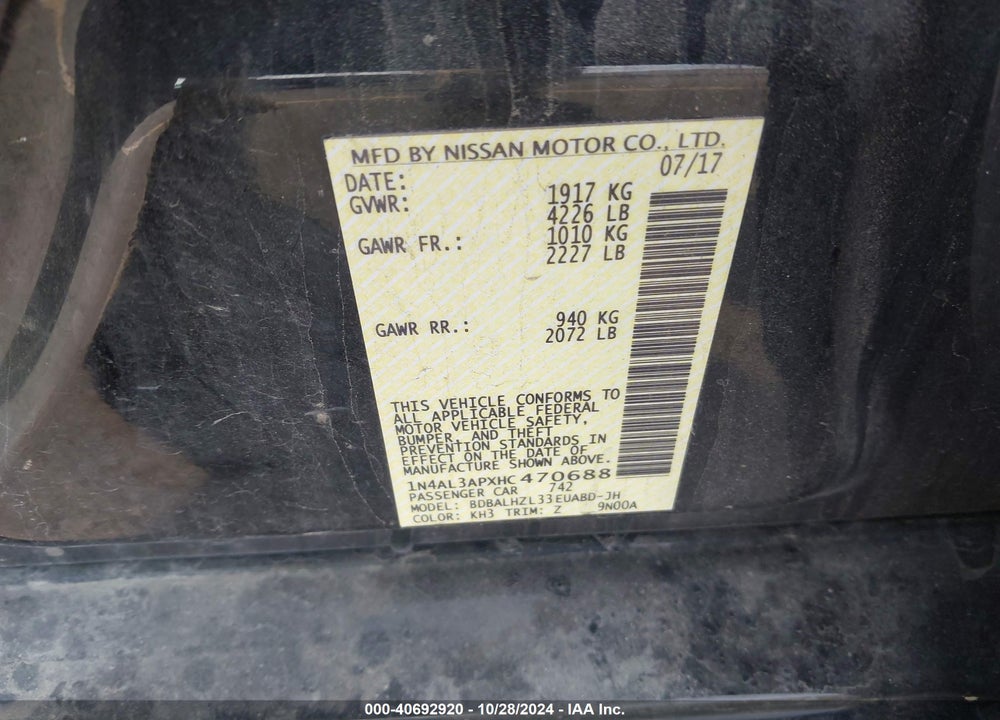 2017 NISSAN ALTIMA 2.5 SR VIN: 1N4AL3APXHC470688