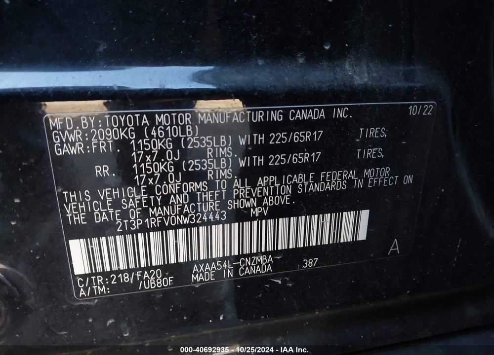 2022 TOYOTA RAV4 XLE VIN: 2T3P1RFV0NW324443