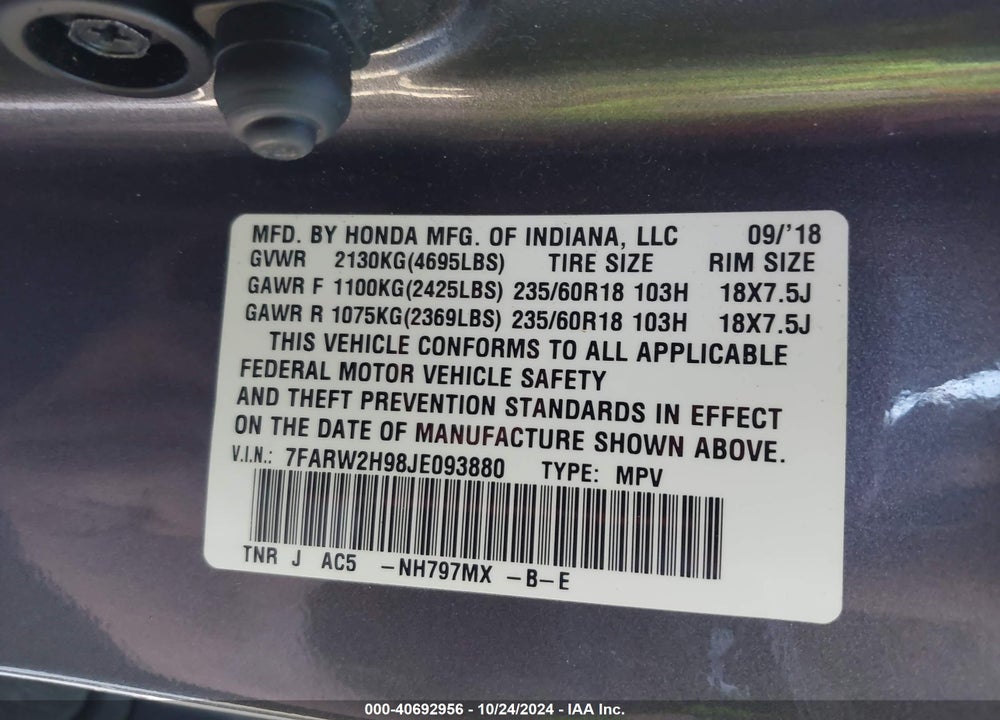 2018 HONDA CR-V TOURING VIN: 7FARW2H98JE093880