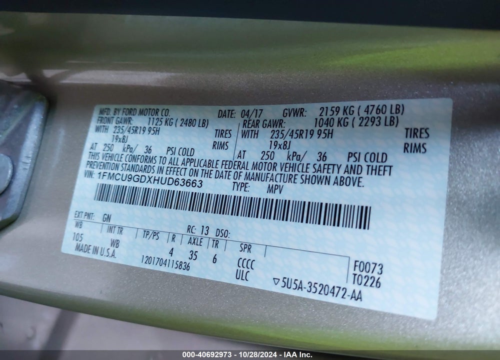 2017 FORD ESCAPE SE VIN: 1FMCU9GDXHUD63663