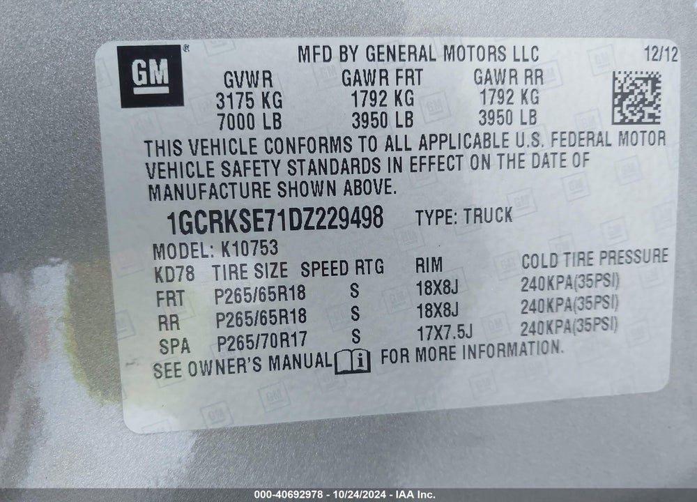 2013 CHEVROLET SILVERADO 1500 LT VIN: 1GCRKSE71DZ229498