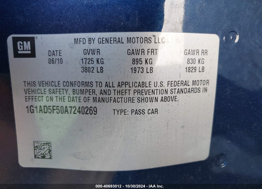 2010 CHEVROLET COBALT LT VIN: 1G1AD5F50A7240269