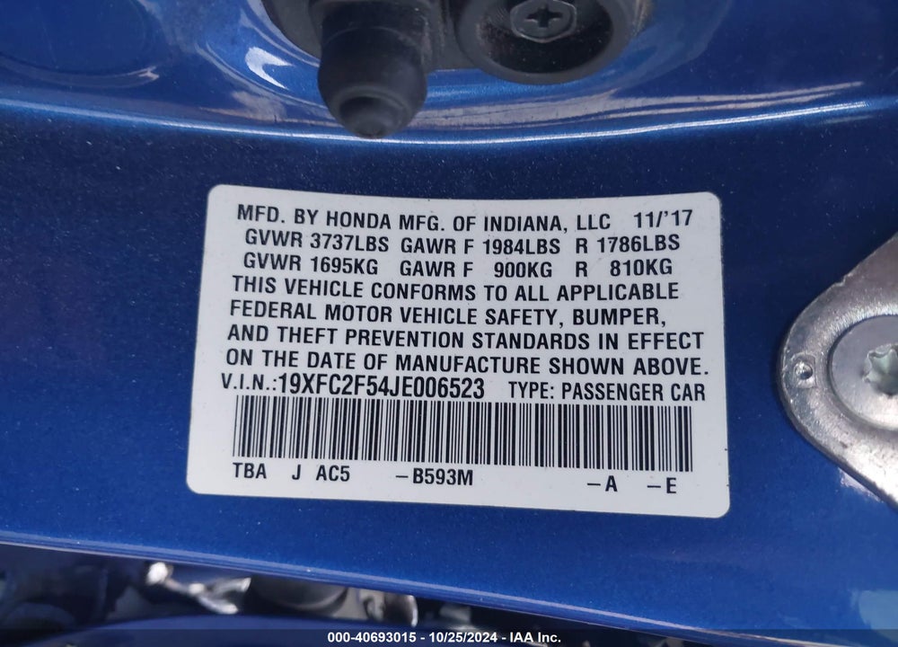 2018 HONDA CIVIC LX VIN: 19XFC2F54JE006523