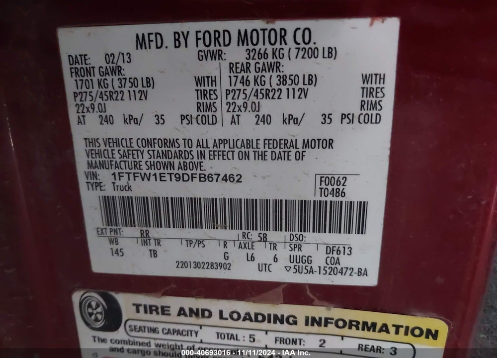 2013 FORD F-150 LIMITED VIN: 1FTFW1ET9DFB67462
