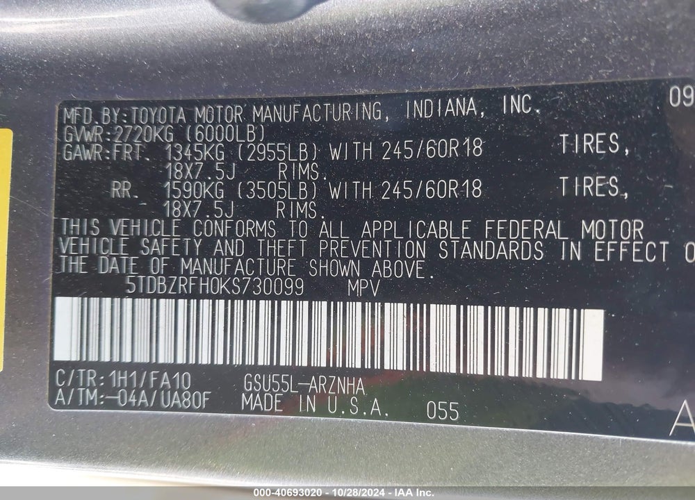 2019 TOYOTA HIGHLANDER LE PLUS VIN: 5TDBZRFH0KS730099