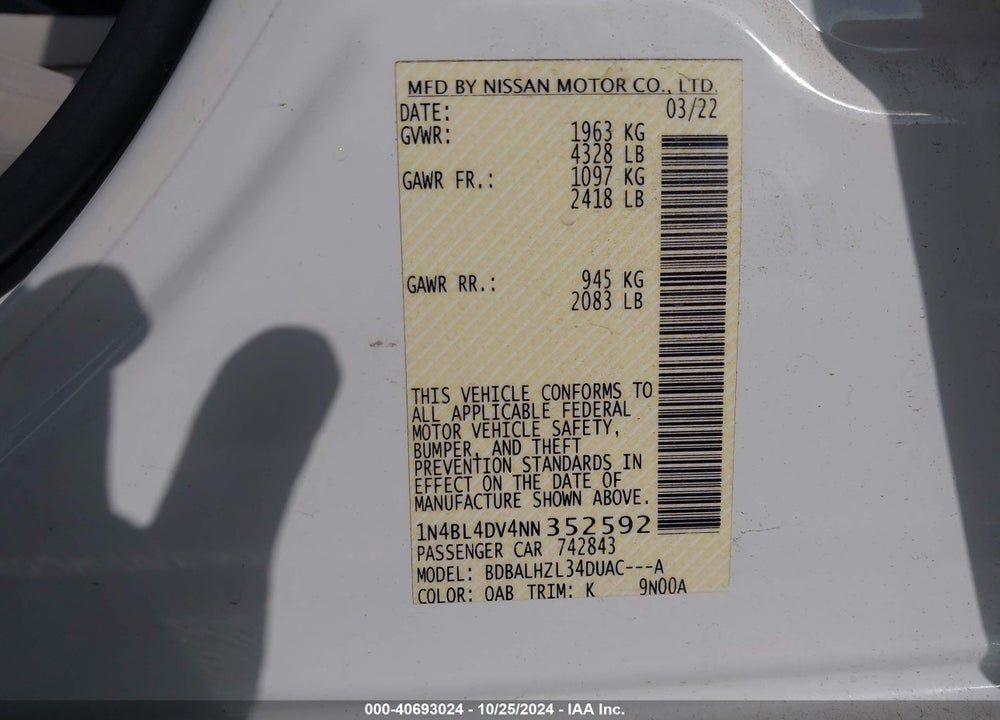 2022 NISSAN ALTIMA SV FWD VIN: 1N4BL4DV4NN352592