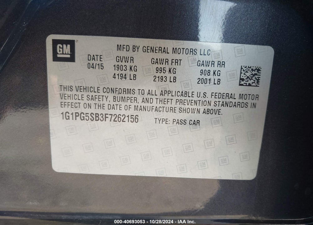 2015 CHEVROLET CRUZE LTZ VIN: 1G1PG5SB3F7262156