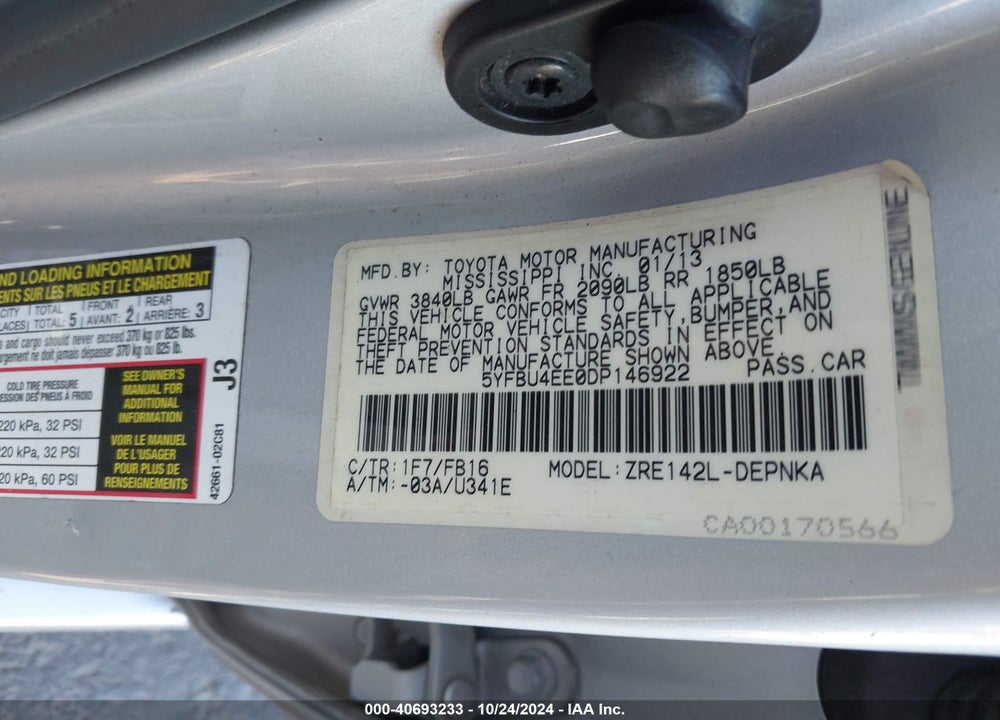 2013 TOYOTA COROLLA LE VIN: 5YFBU4EE0DP146922