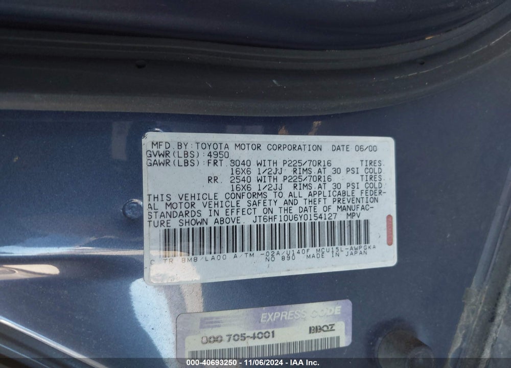 2000 LEXUS RX 300 VIN: JT6HF10U6Y0154127