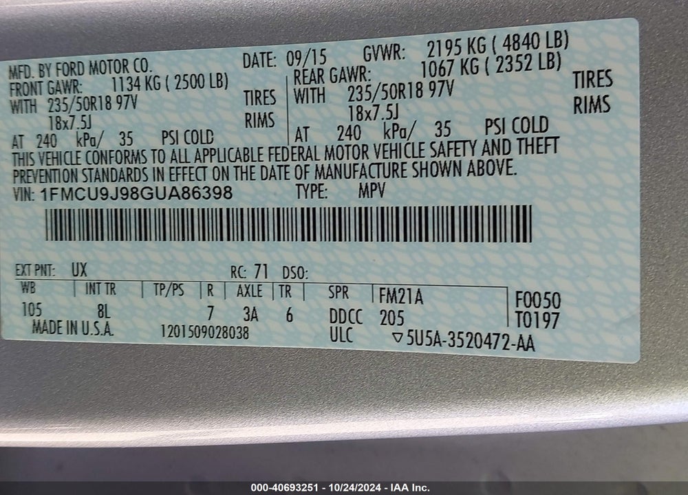 2016 FORD ESCAPE TITANIUM VIN: 1FMCU9J98GUA86398