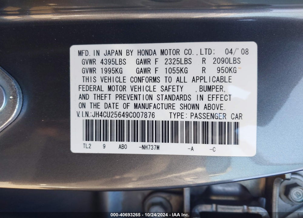 2009 ACURA TSX VIN: JH4CU25649C007876