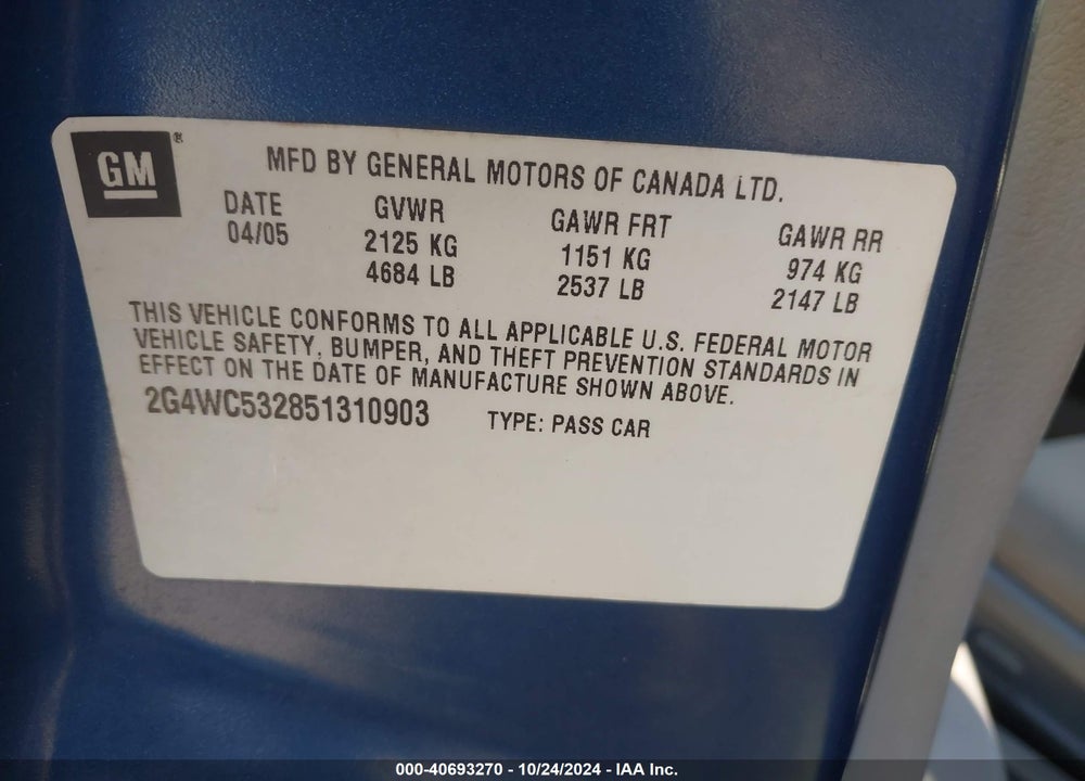 2005 BUICK LACROSSE CX VIN: 2G4WC532851310903