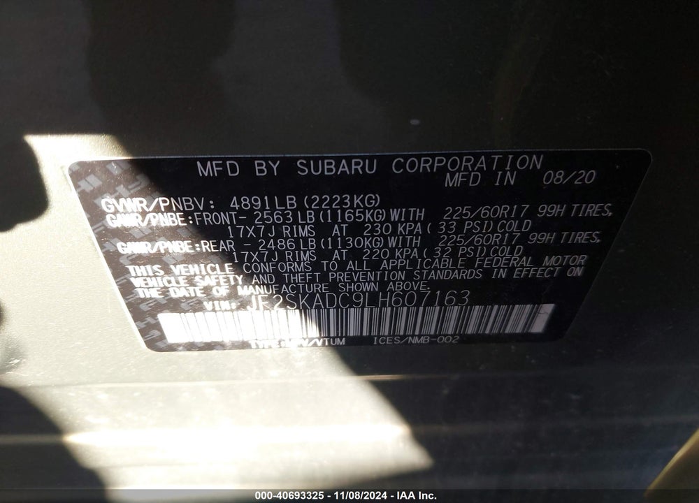 2020 SUBARU FORESTER VIN: JF2SKADC9LH607163