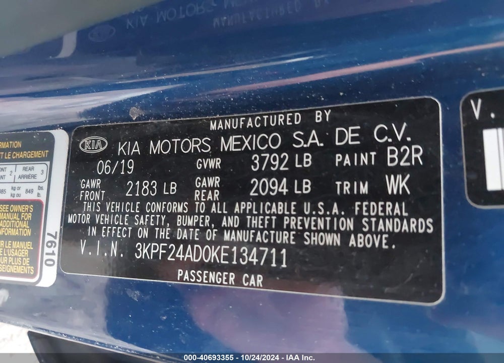 2019 KIA FORTE LXS VIN: 3KPF24AD0KE134711