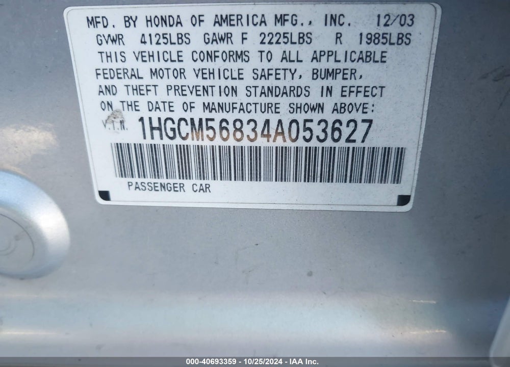 2004 HONDA ACCORD 2.4 EX VIN: 1HGCM56834A053627