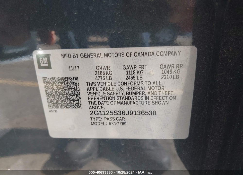 2018 CHEVROLET IMPALA 2LZ VIN: 2G1125S36J9136538