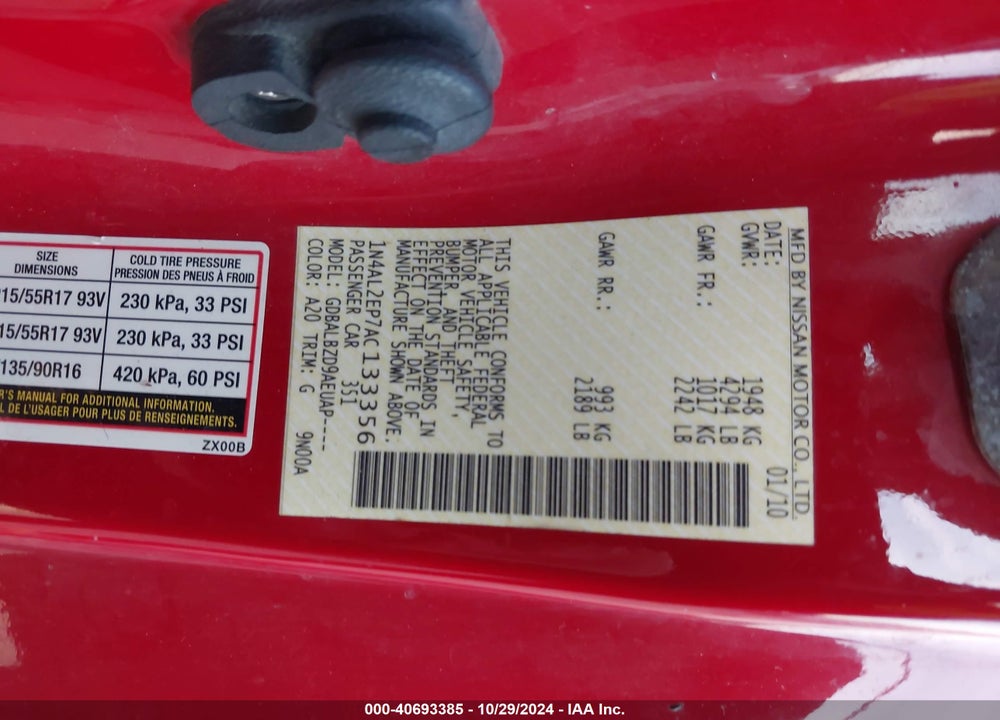 2010 NISSAN ALTIMA 2.5 S VIN: 1N4AL2EP7AC133356