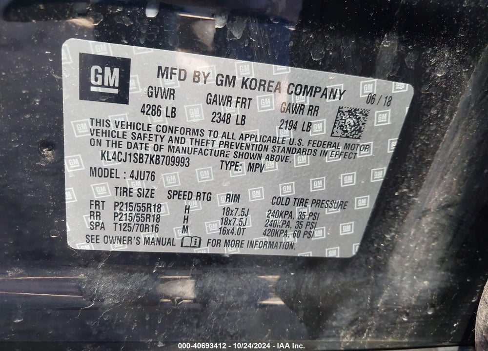 2019 BUICK ENCORE FWD SPORT TOURING VIN: KL4CJ1SB7KB709993