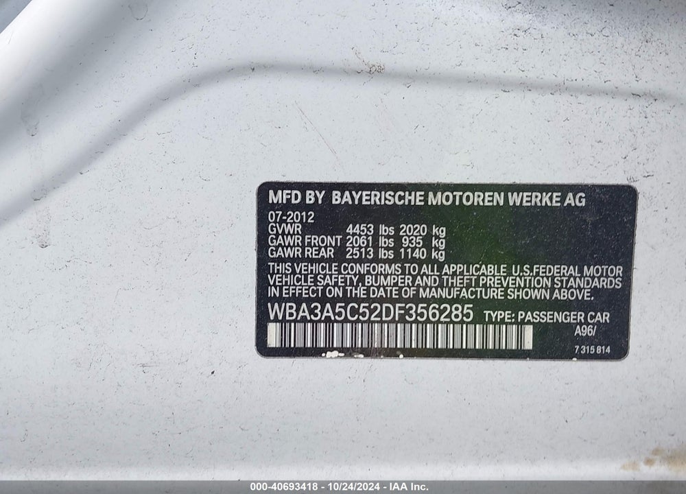 2013 BMW 3 SERIES VIN: WBA3A5C52DF356285