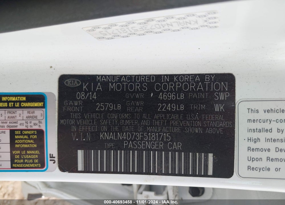 2015 KIA CADENZA PREMIUM VIN: KNALN4D73F5181715