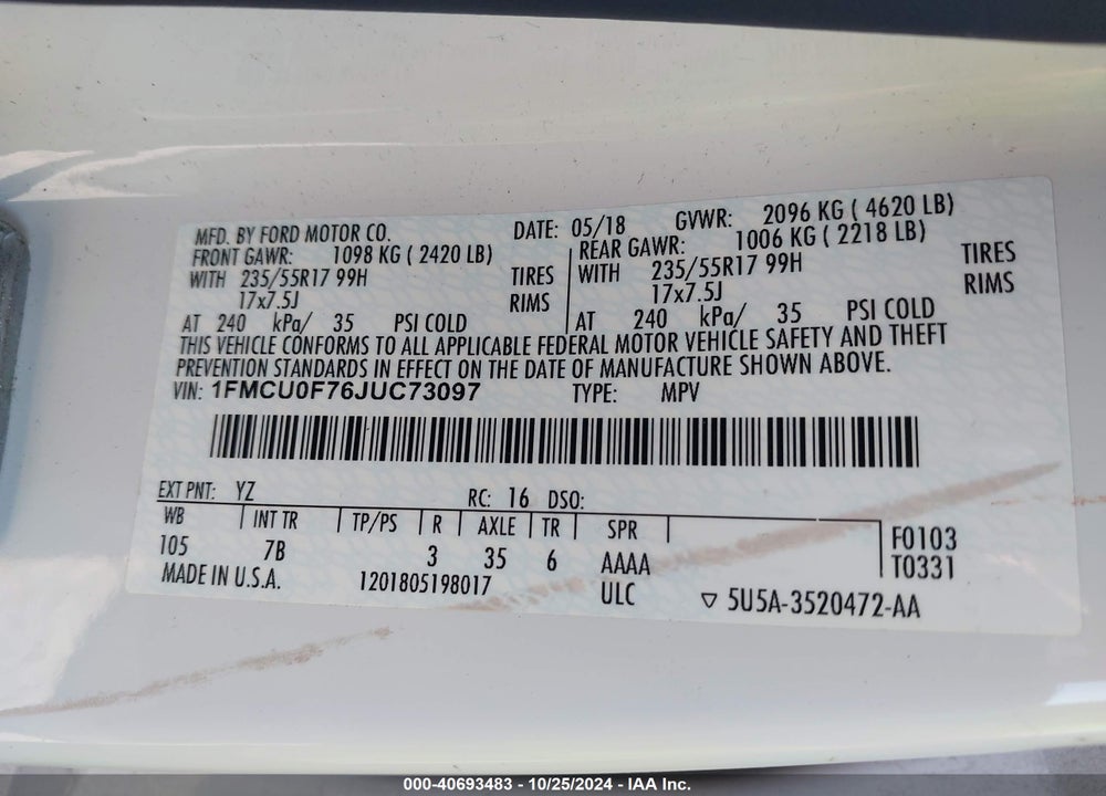 2018 FORD ESCAPE S VIN: 1FMCU0F76JUC73097