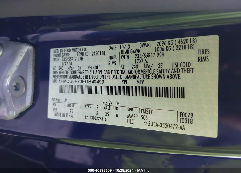 2014 FORD ESCAPE S VIN: 1FMCU0F70EUB40499