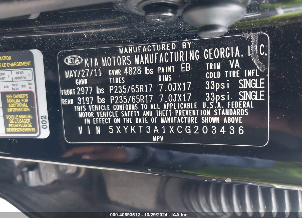2012 KIA SORENTO LX VIN: 5XYKT3A1XCG203436