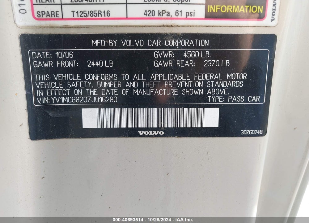2007 VOLVO C70 T5 VIN: YV1MC68207J016280
