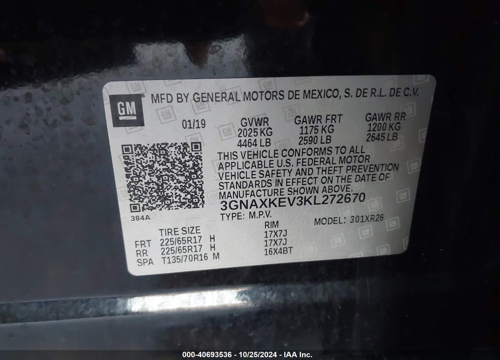 2019 CHEVROLET EQUINOX LT VIN: 3GNAXKEV3KL272670