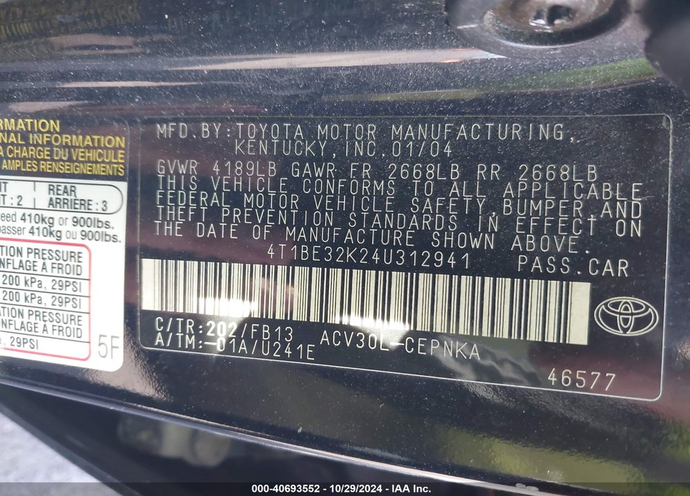 2004 TOYOTA CAMRY LE VIN: 4T1BE32K24U312941
