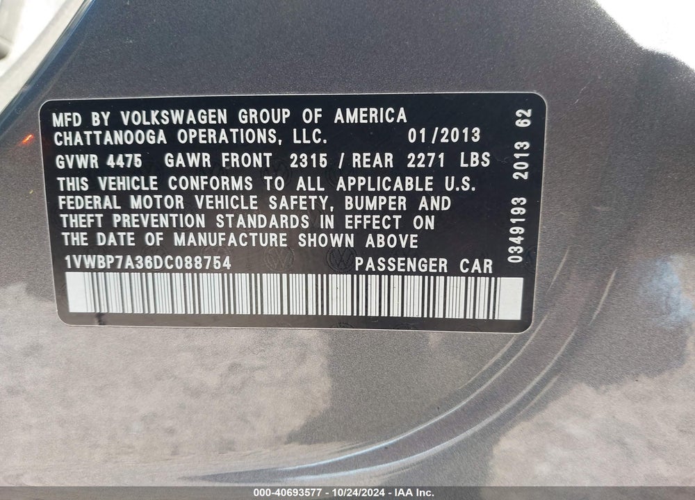 2013 VOLKSWAGEN PASSAT 2.5L SE VIN: 1VWBP7A36DC088754