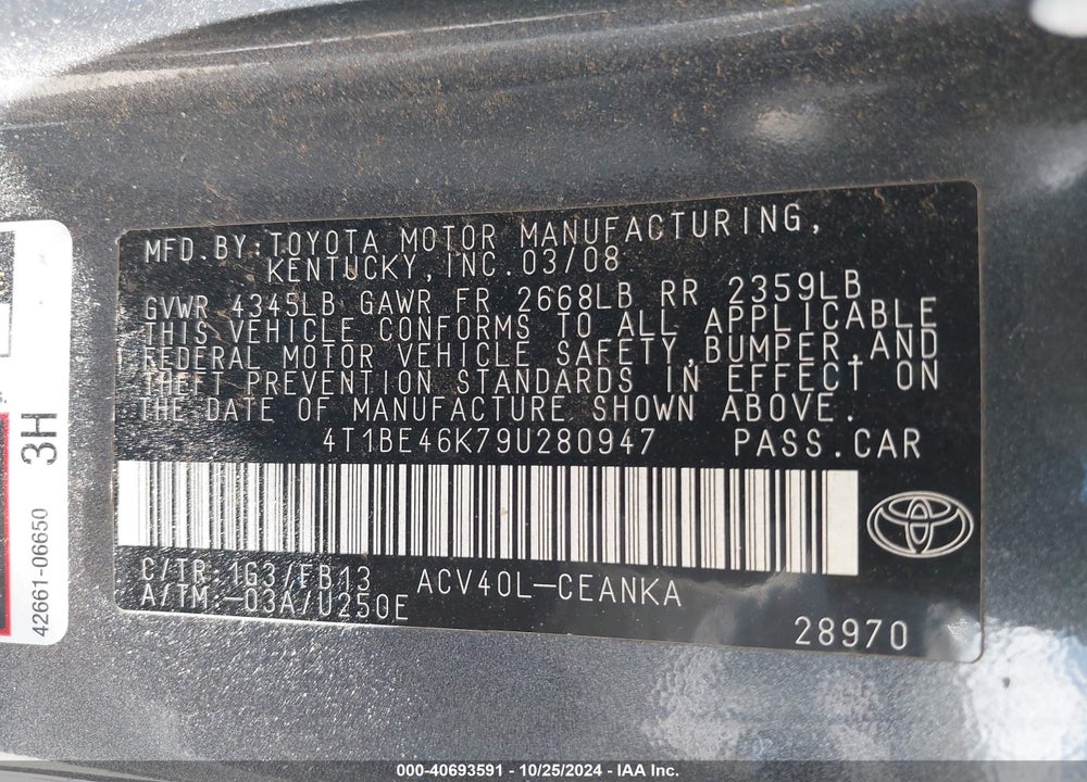 2009 TOYOTA CAMRY LE VIN: 4T1BE46K79U280947