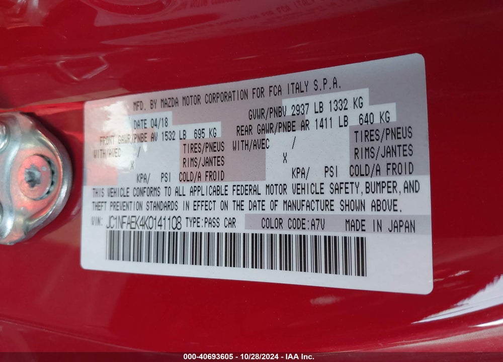 2019 FIAT 124 SPIDER ABARTH VIN: JC1NFAEK4K0141108