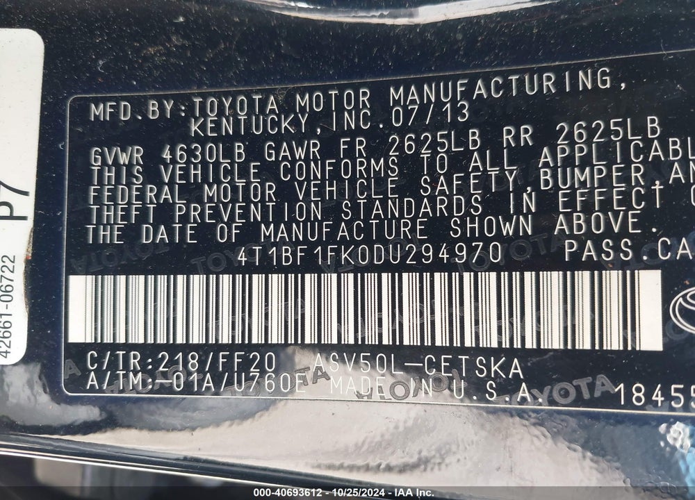 2013 TOYOTA CAMRY SE VIN: 4T1BF1FK0DU294970