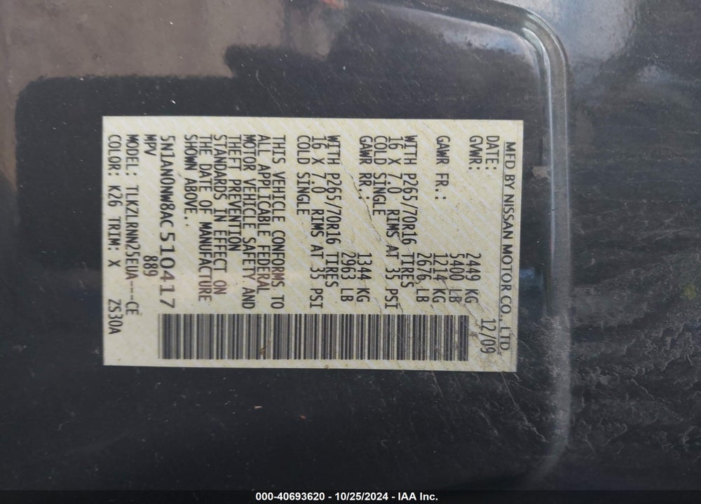 2010 NISSAN XTERRA S VIN: 5N1AN0NW8AC510417